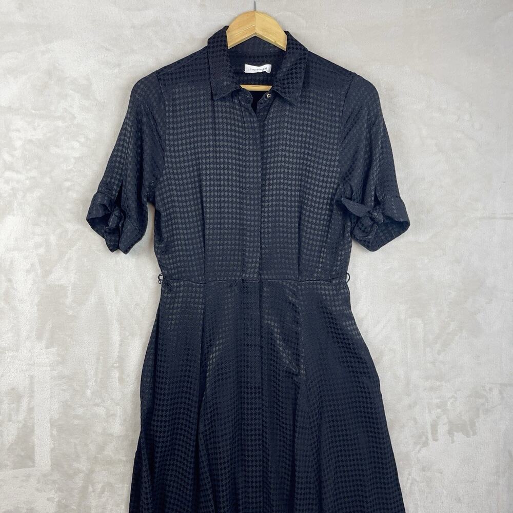 Calvin Klein Black Dress Size Large Jacquard Textured Tie Sleeve Corporate Goth